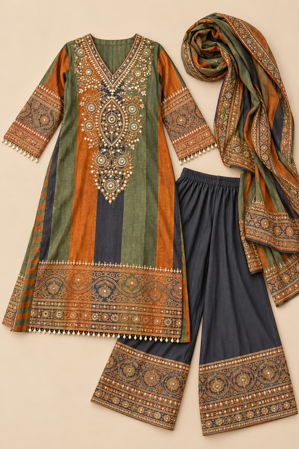 Olive Green & Rust Embellished Kurti Palazzo Set with Dupatta — flat-lay view