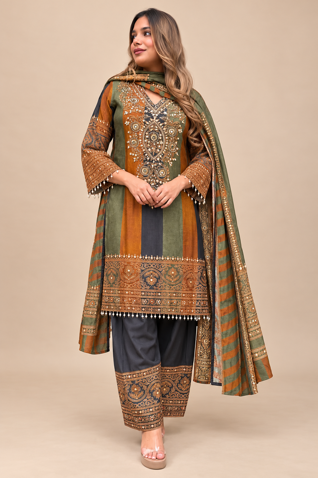 Olive Green & Rust Embellished Kurti Palazzo Set with Dupatta — front view