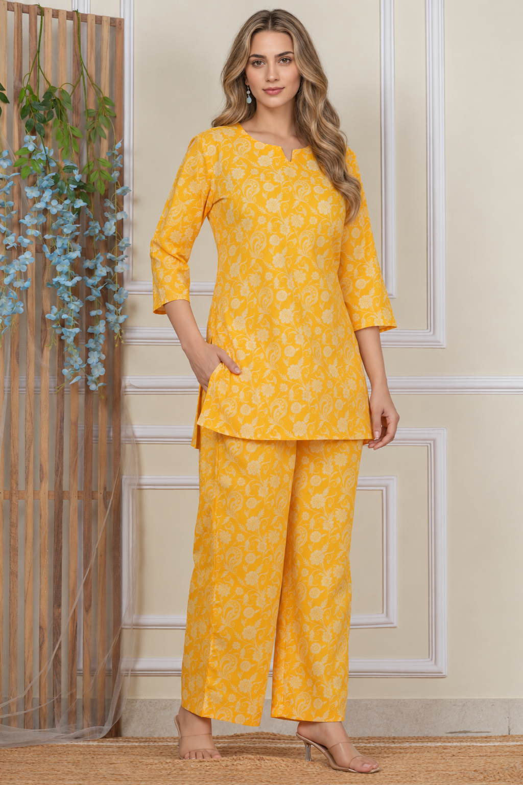 Yellow floral paisley cotton co-ord set, full-length front view