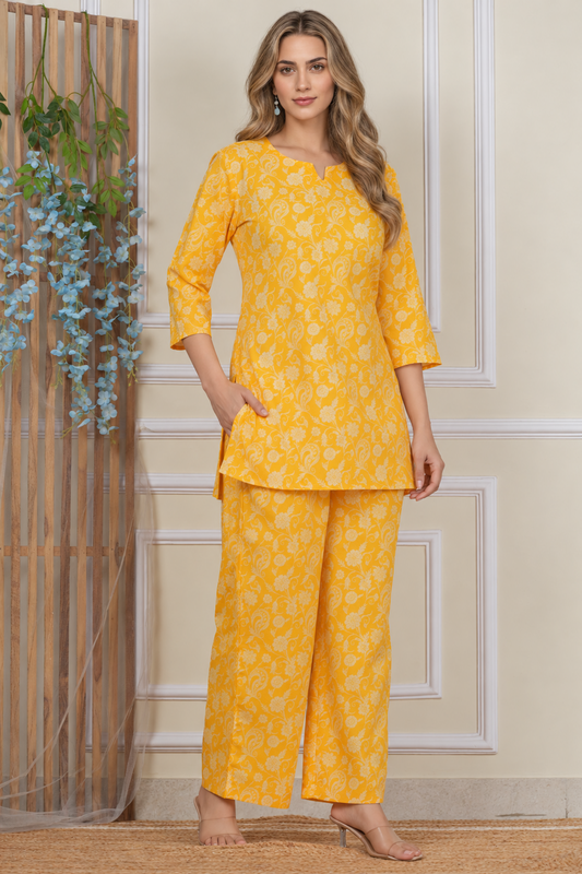Yellow floral paisley cotton co-ord set, full-length front view